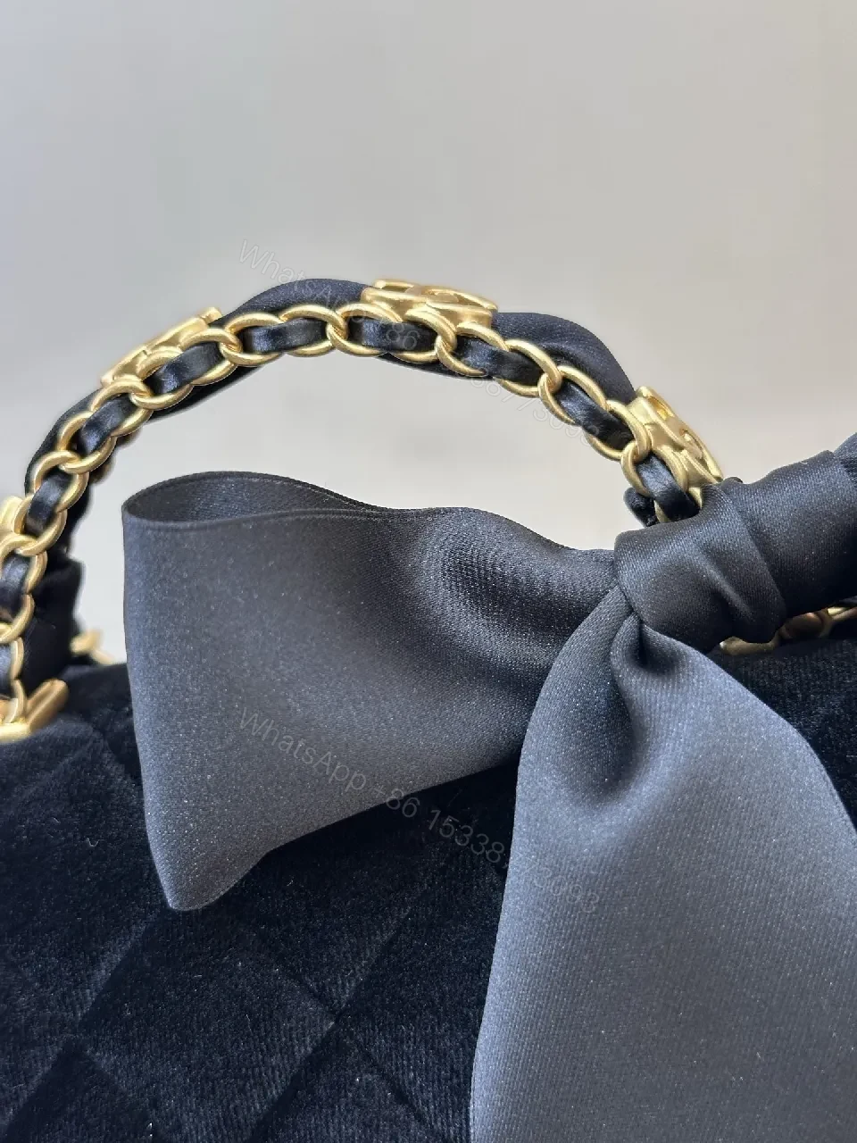 View 7 of Quilted Velvet Handbag with Satin Bow Accent and Gold Chain