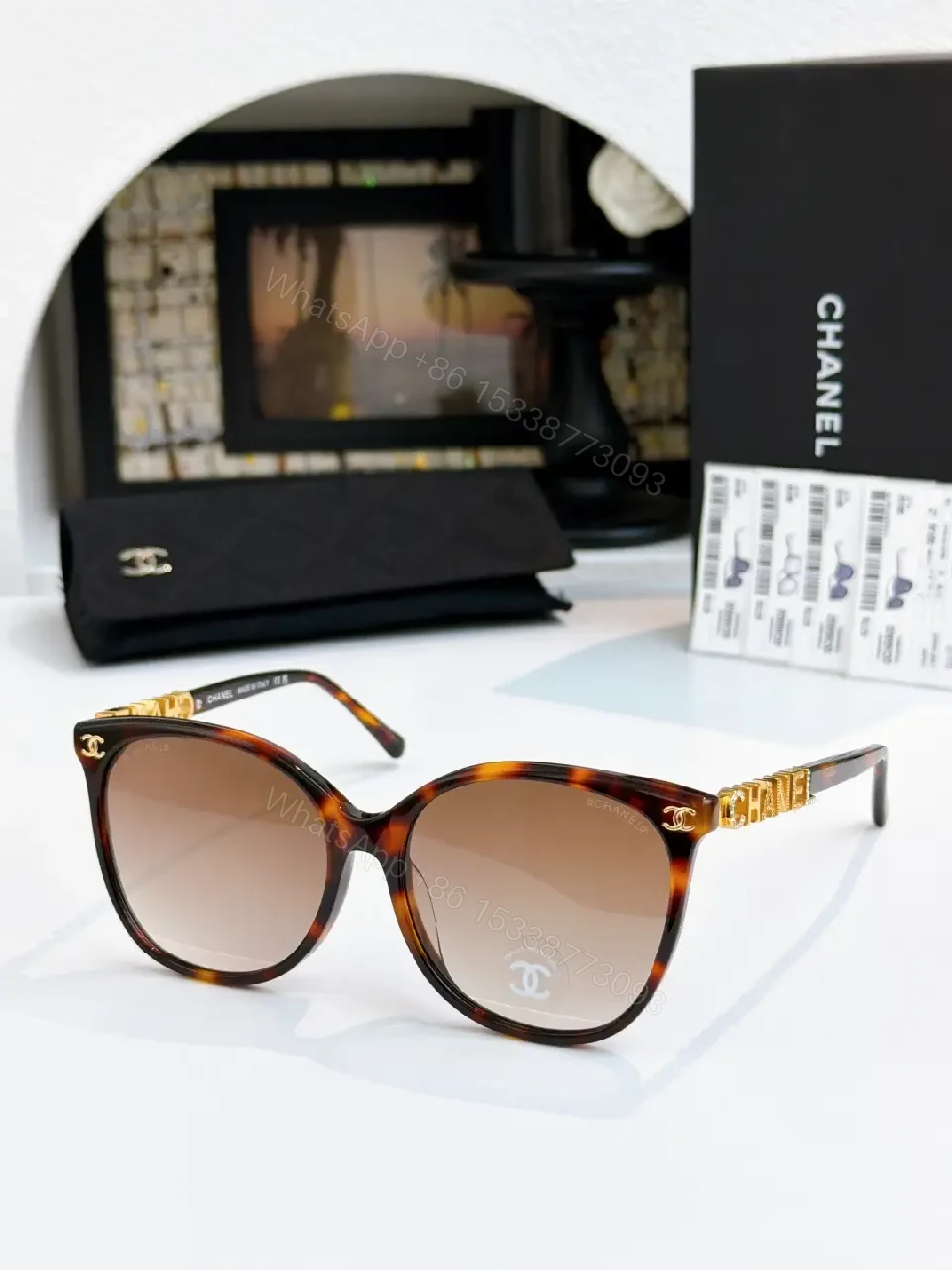 View 9 of Black Thick-Rim Glasses, Square Full-R Rim, Sculpted Bridge, Ribbed Arms, Chanel Detailing