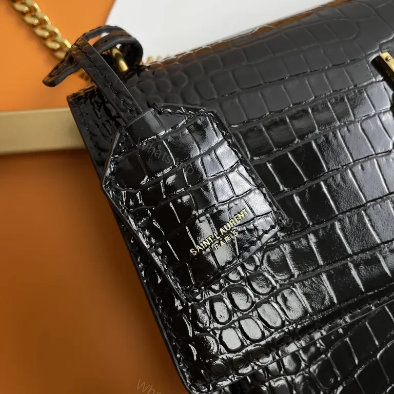 View 9 of Croc-Texture Black Leather Shoulder Bag with Gold Logo