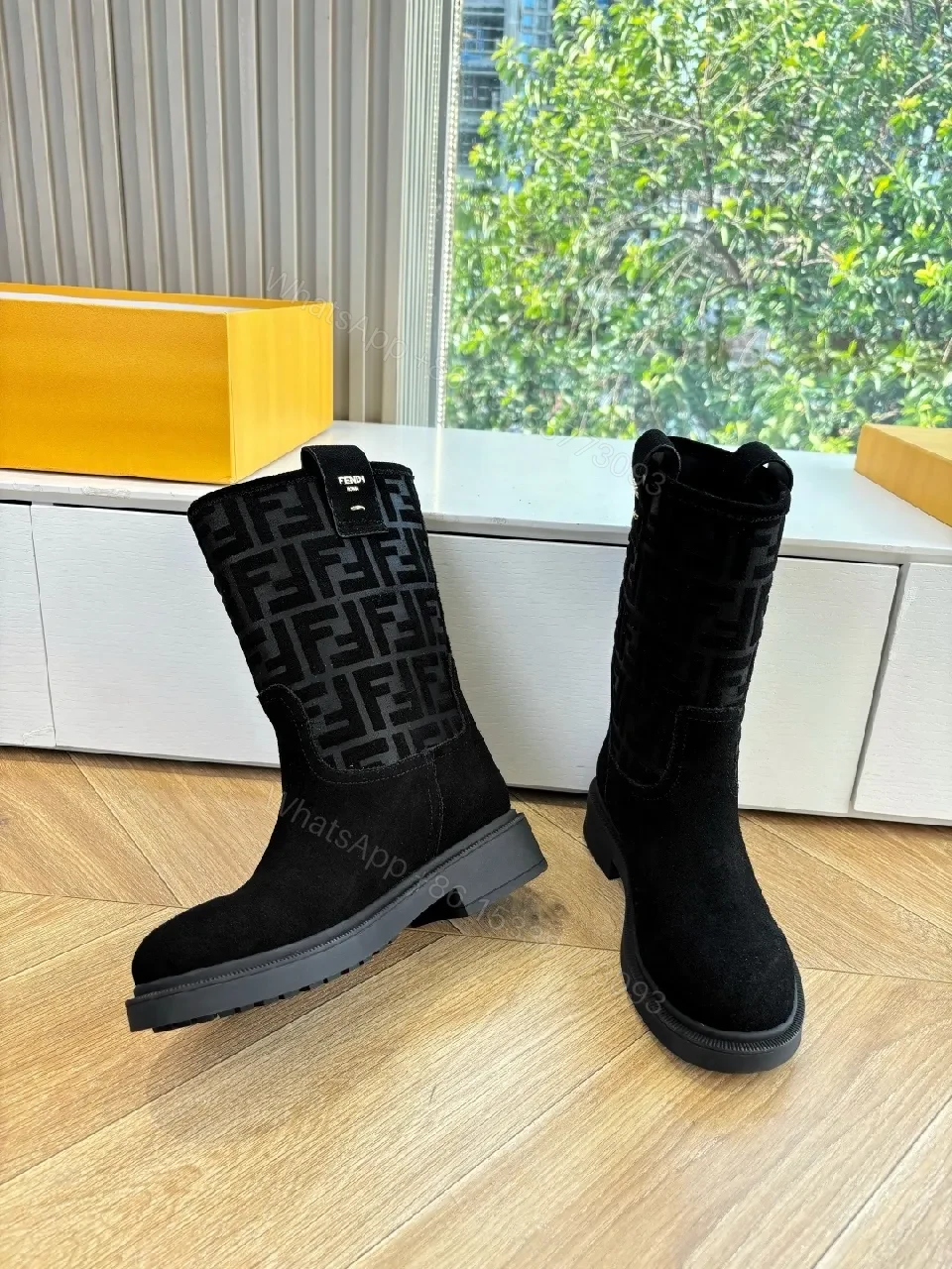 View 6 of Black Suede Boots with Monogram Pattern Mid-Calf Luxe Comfort