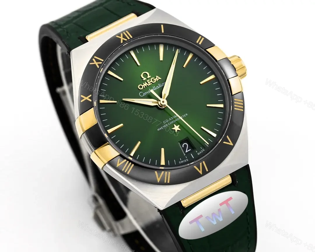 View 3 of Omega Constellation Meteorite Series 5th Generation Watch 41MM Green Dial with Gold Numerals Stainless Steel and Ceramic Case Green Leather Strap