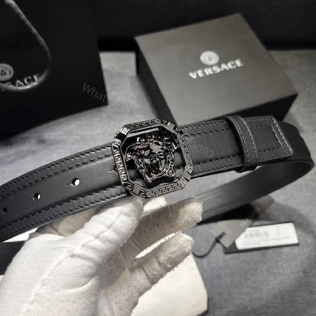 View 6 of Bold Black Leather Belt with Medusa Buckle - Modern Geometric Design