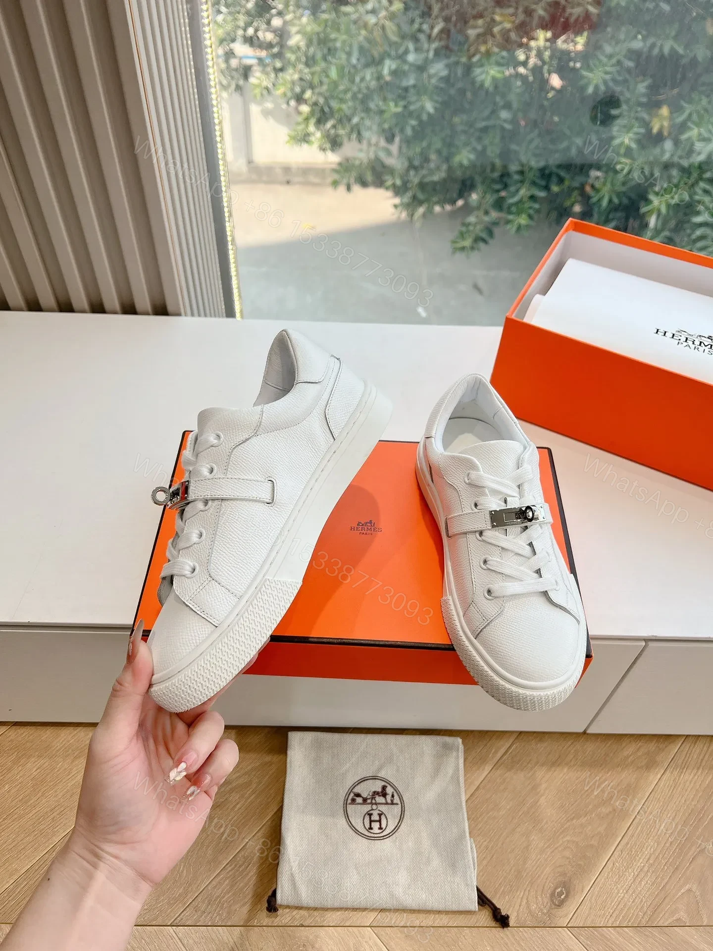 View 6 of Hermes Women White Leather Sneakers