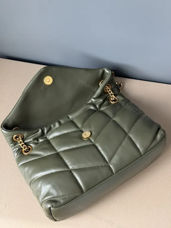 View 4 of Olive Quilted Leather Shoulder Bag with Gold YSL Logo