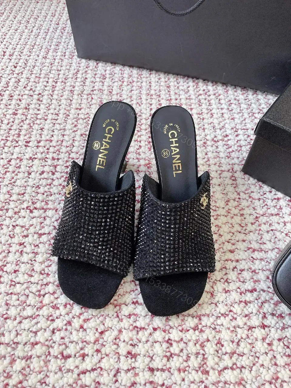 View 4 of Black Velvet Crystal Dainty Mules with Chanel Logo Heels