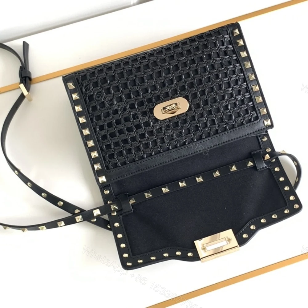 View 6 of VALENTINO GARAVANI ROCKSTUD SMALL RAFFIA SHOULDER BAG BLACK 22CM
