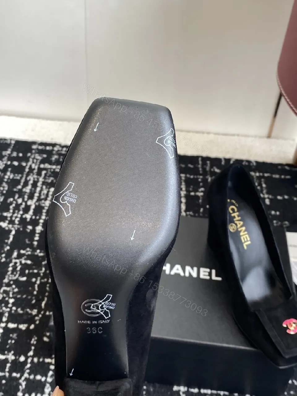 View 8 of Elegant Black Suede Pumps with Logo Detail Leather Heel