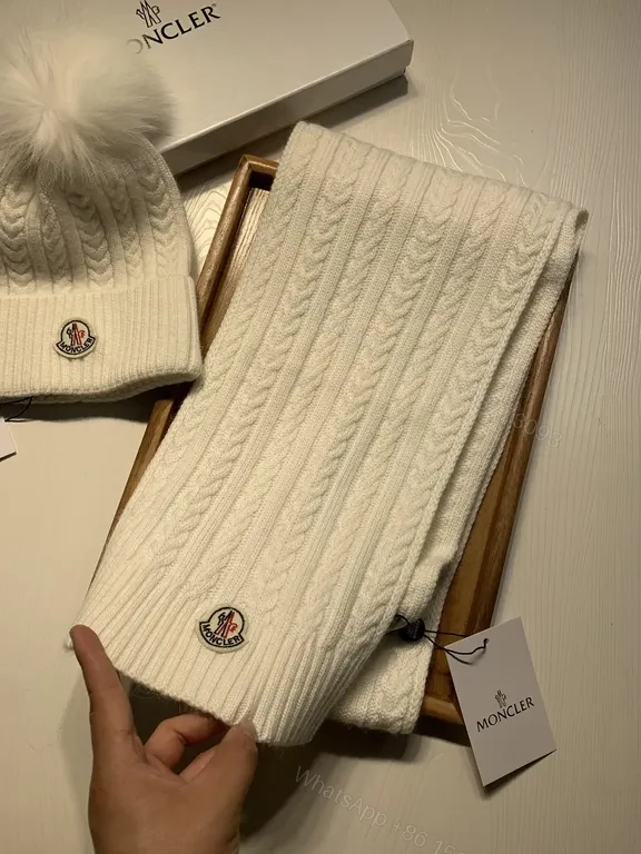 View 4 of Lux Knit Set: Cable Texture Beanie & Scarf, Ivory Moncler Style