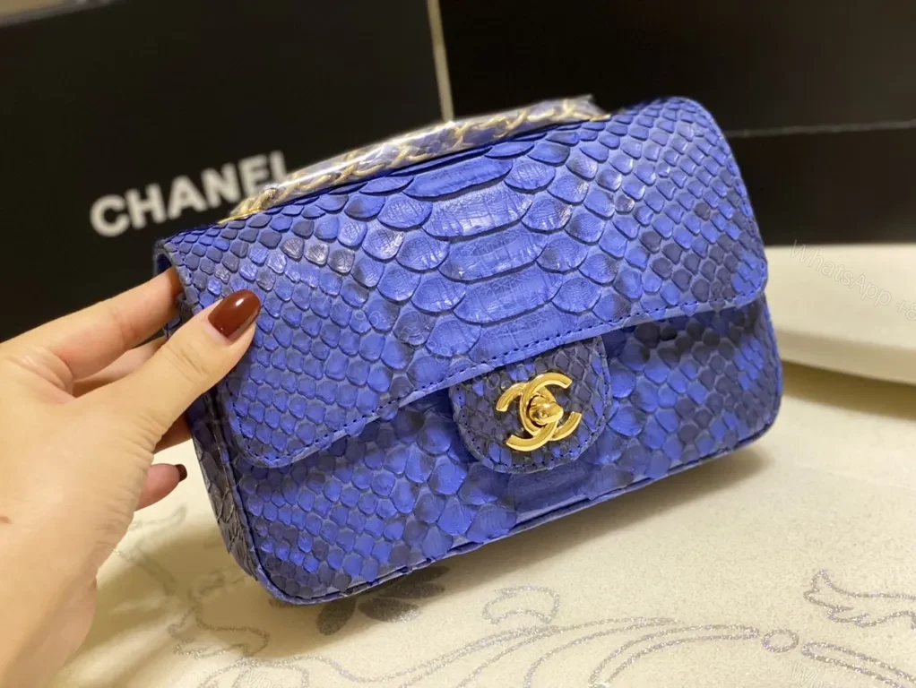 View 4 of Blue Python-Texture Wallet Bag with Gold Logo Luxury Crossbody