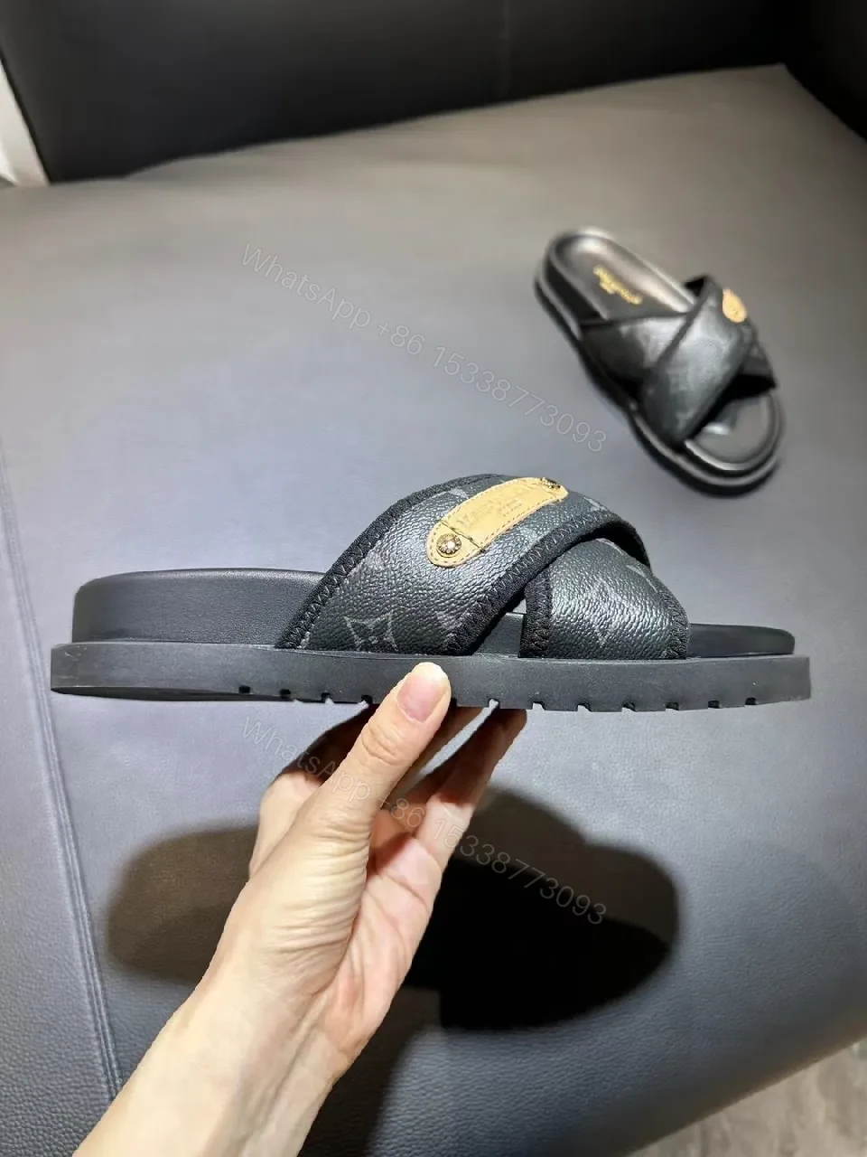 View 3 of Black Monogram-Texture Cross-Over Slides: All-Day Comfort