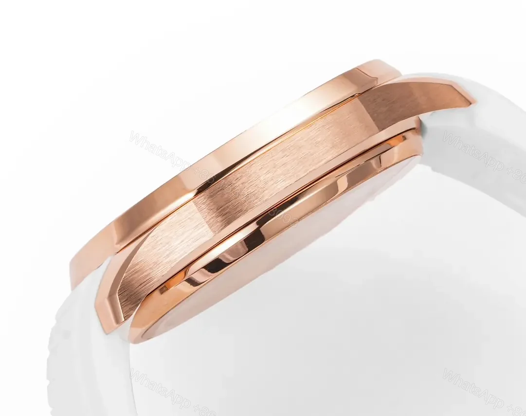 View 6 of Patek Philippe Aquanaut Luce 5268 Series Watch Rose Gold with Diamond Bezel White Rubber Strap Modern Casual Elegant Style