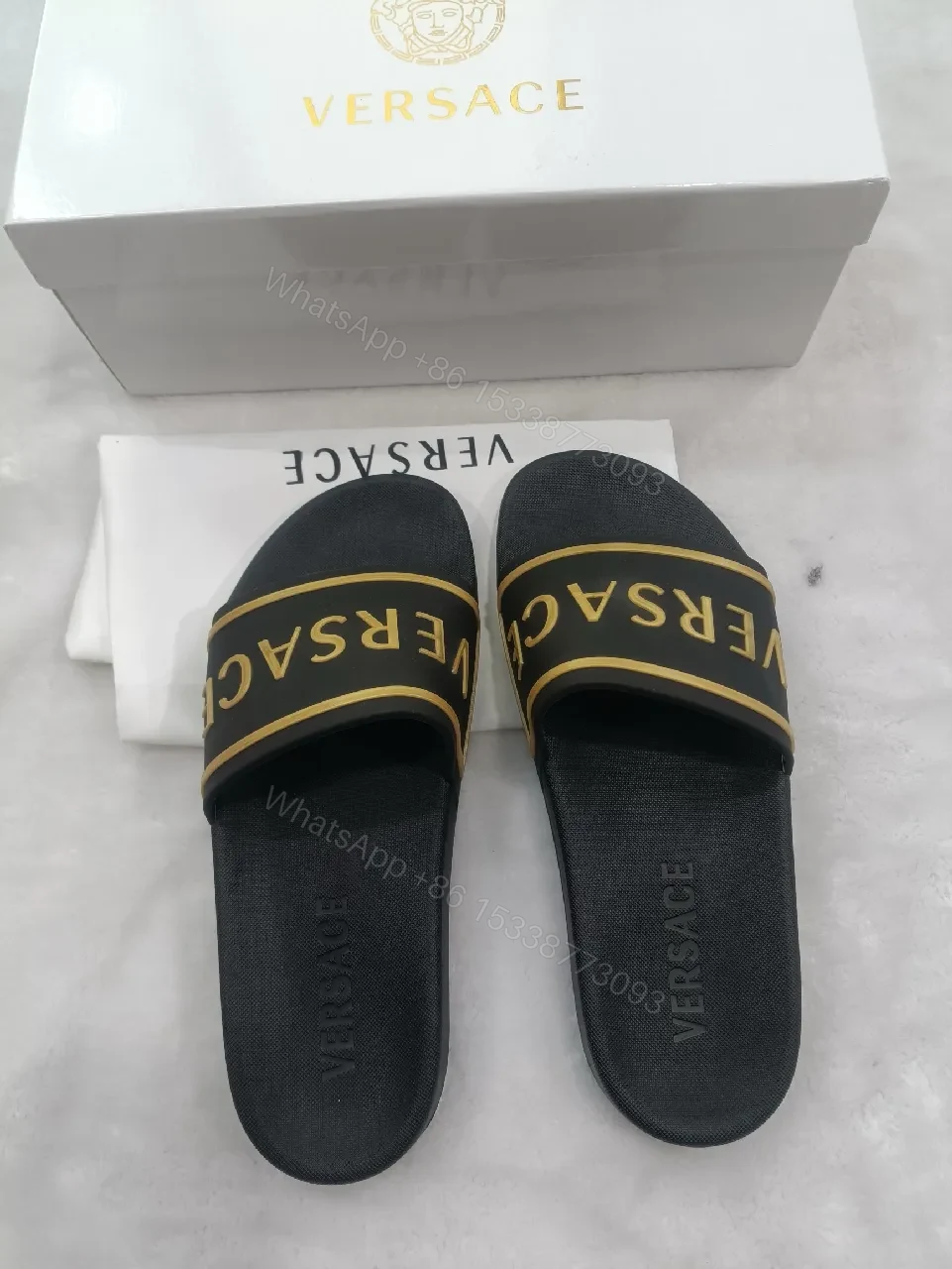 View 8 of Patterned Strap Slides with Gold Accent, Luxe Comfort Sandals