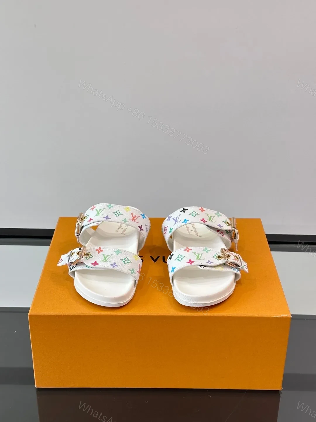 View 2 of LV Men White Multicolor Pattern Leather Sandals
