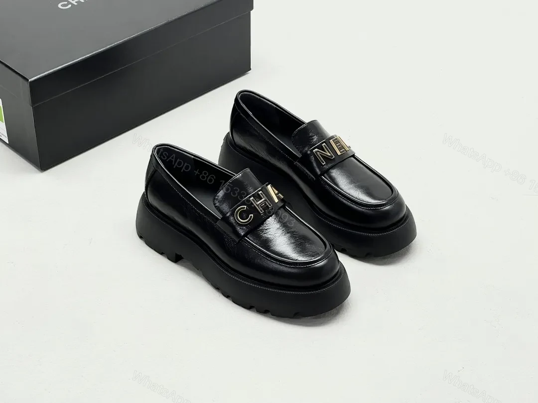 View 5 of Black Leather Chunky-Soled Loafers with Gold Monogram Band