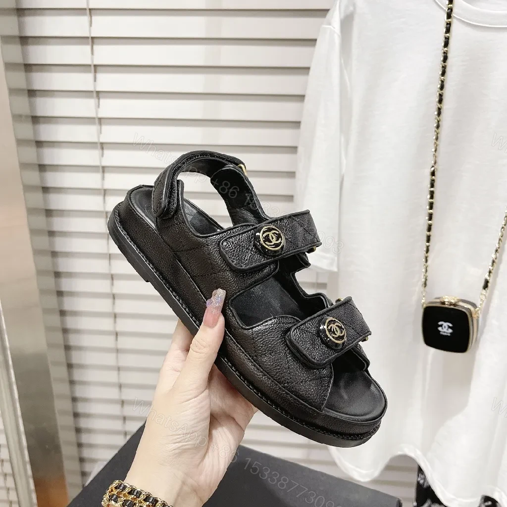 View 4 of Chic Black Leather Sandals with Signature Hardware