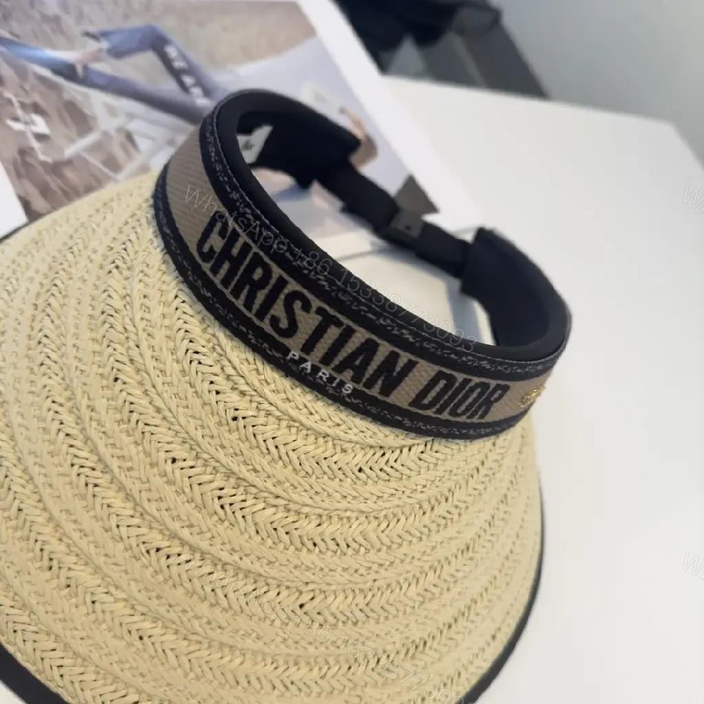 View 2 of Beige Braided Straw Visor Hat with Black Trim and Band