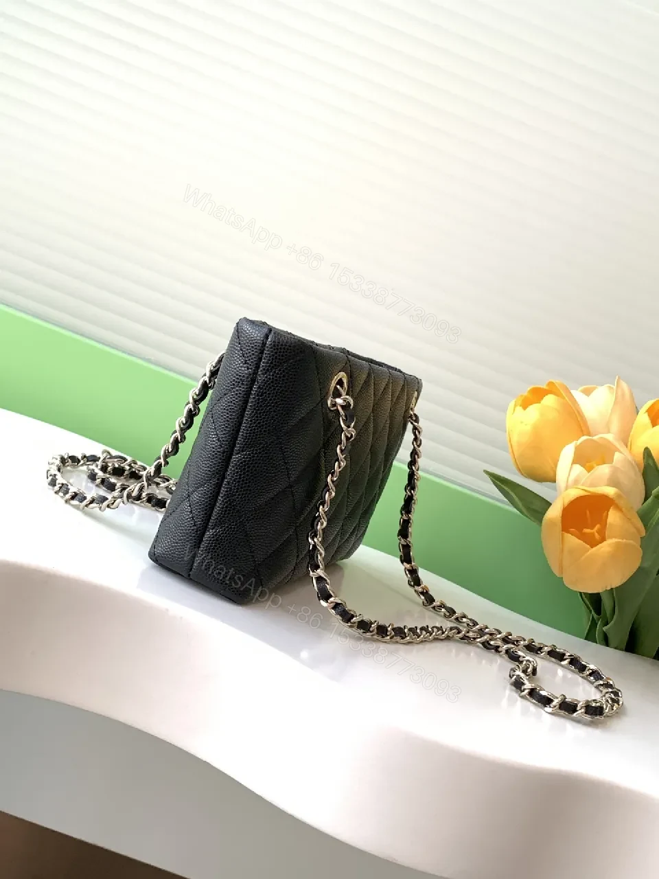 View 4 of Quilted Leather Mini Bag with Chain Strap - Black, Luxury Style