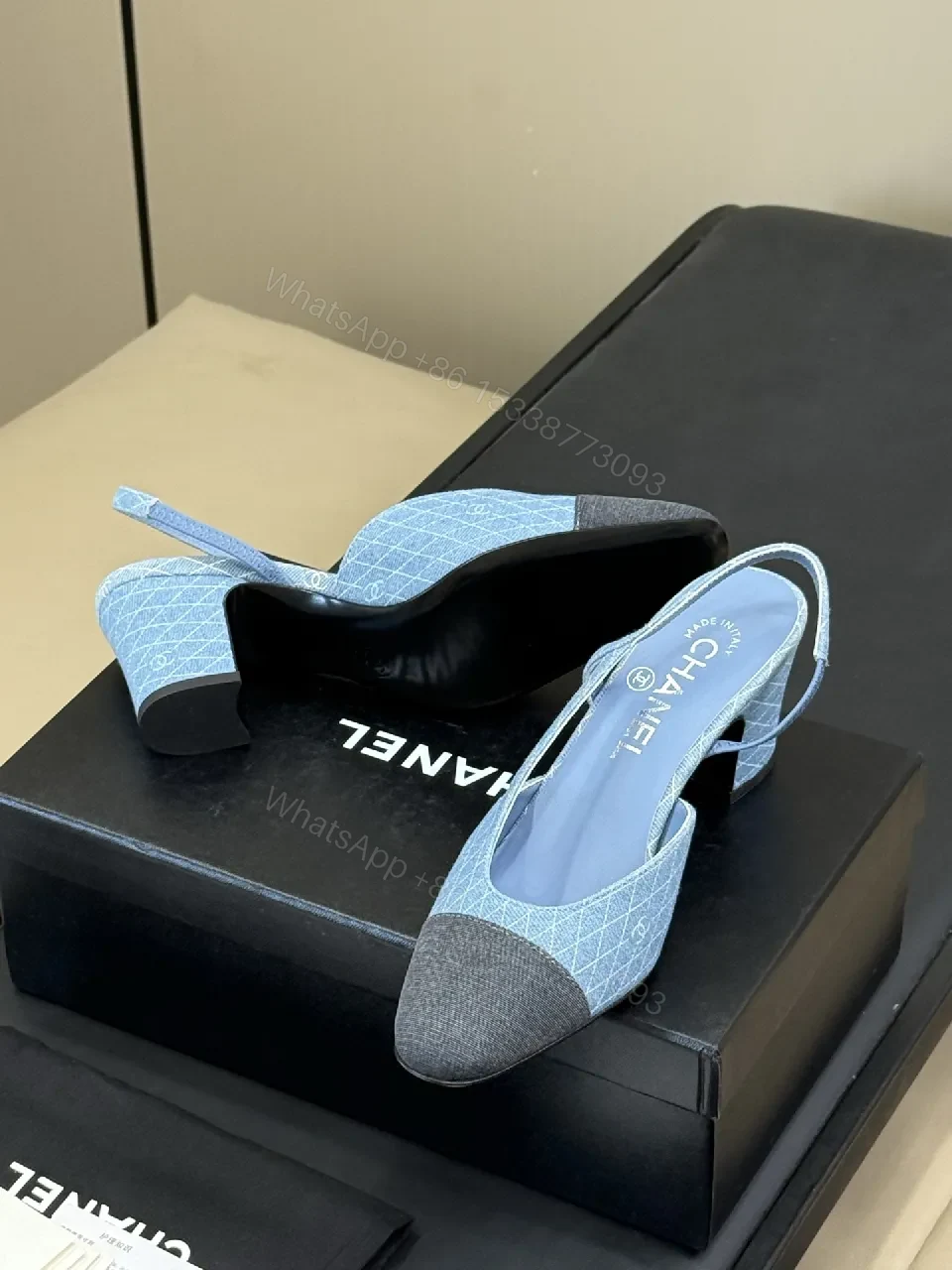 View 4 of Denim Slingback Heels: Geometric Stitching, Mid-Block Heel