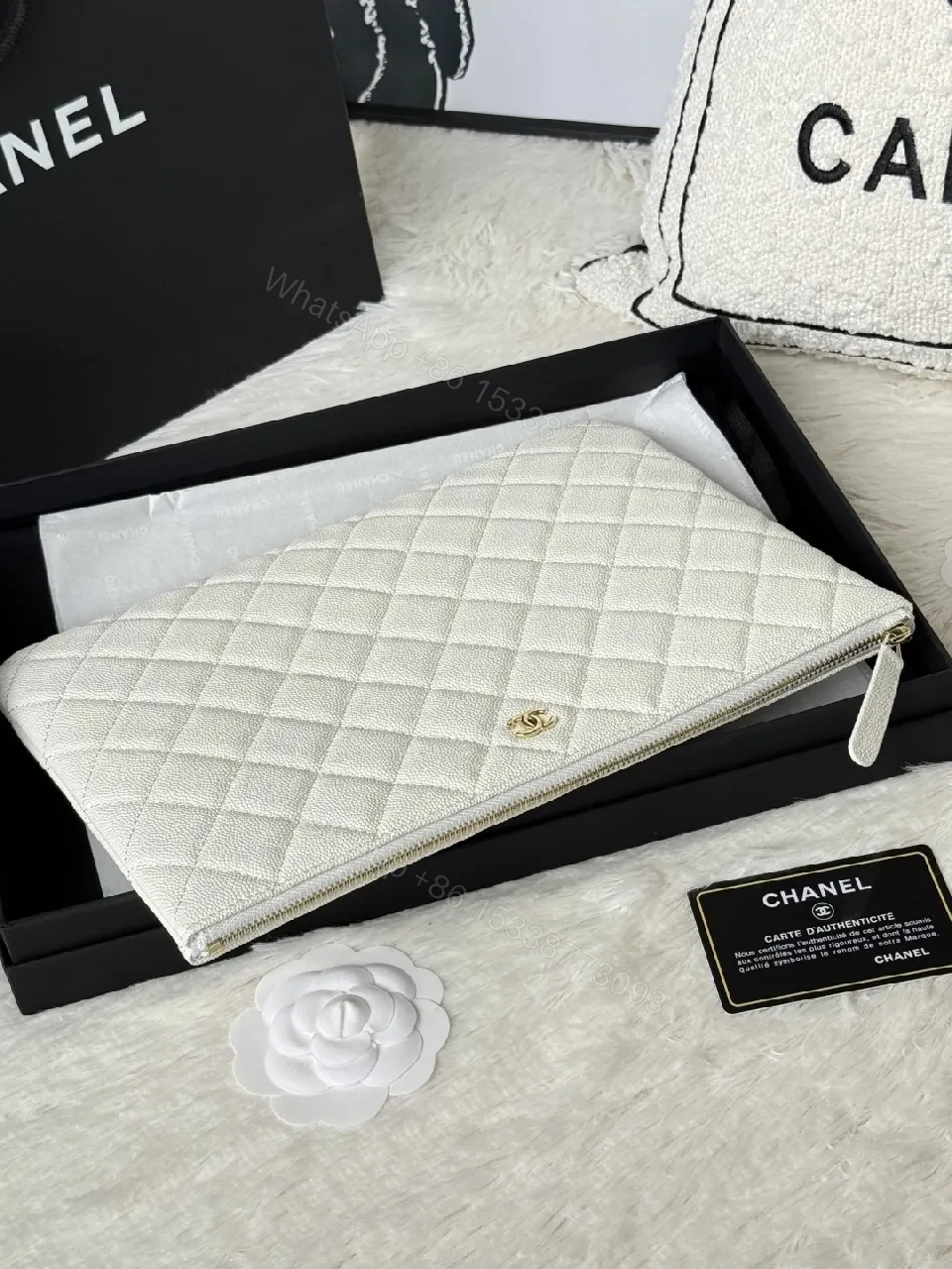 View 4 of Quilted Leather Pouch, Light Pearl, Luxe Style, Zippered Organizer