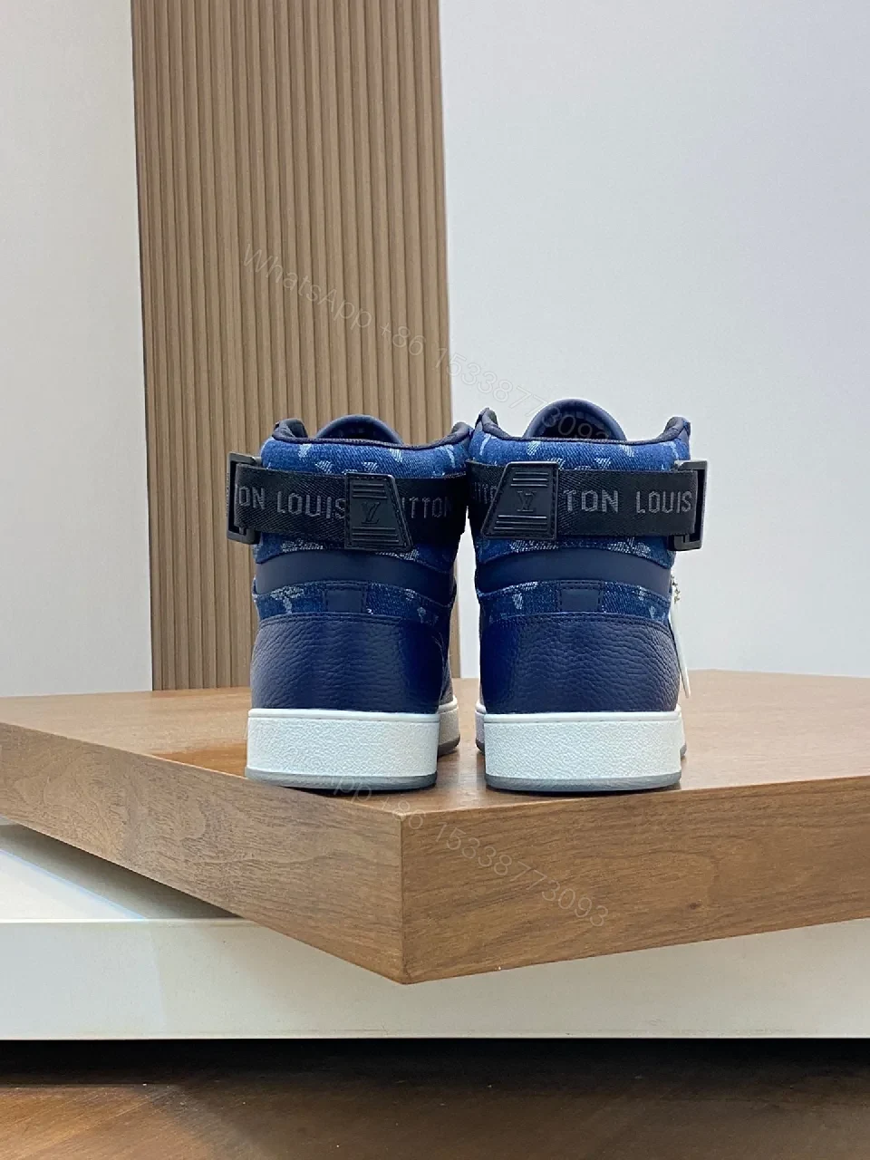 View 3 of Blue Patchwork Leather-Textile High-Top Sneakers with Monogram Feature