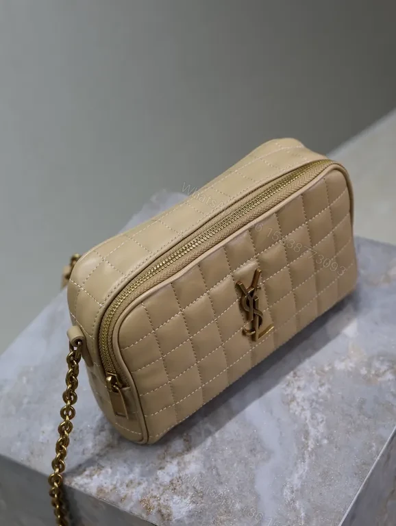 View 3 of Taupe Quilted Crossbody Bag with Gold YSL-Inspired Logo