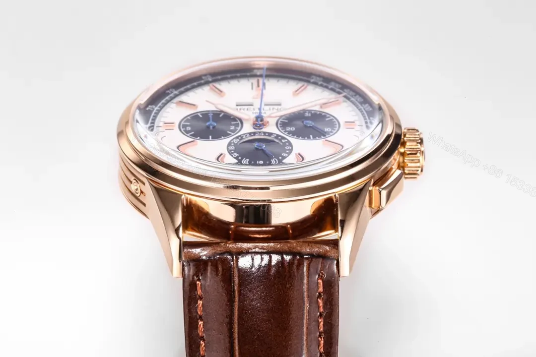 View 6 of ZF Factory Breitling Premier Series Rose Gold Blue and White Dial Brown Leather Strap Watch