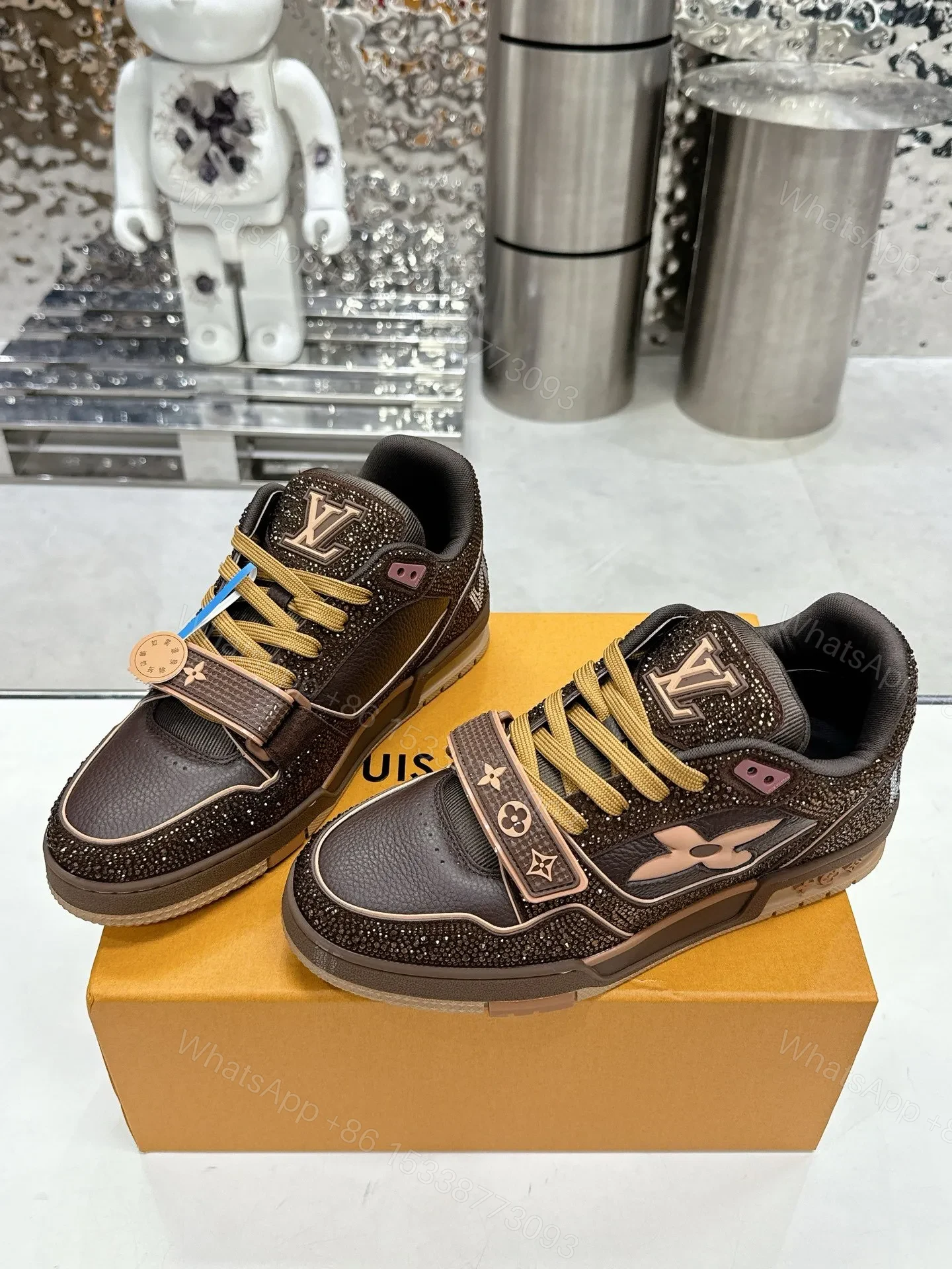 View 5 of LV Women Brown Leather Sparkle Strap Sneakers