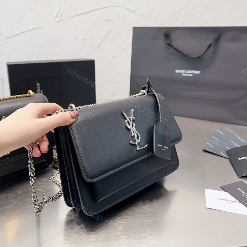 View 3 of Saint Laurent Sunset Medium Chain Bag In Smooth Black With Silver Hardware 22Cm 442906D420N1000