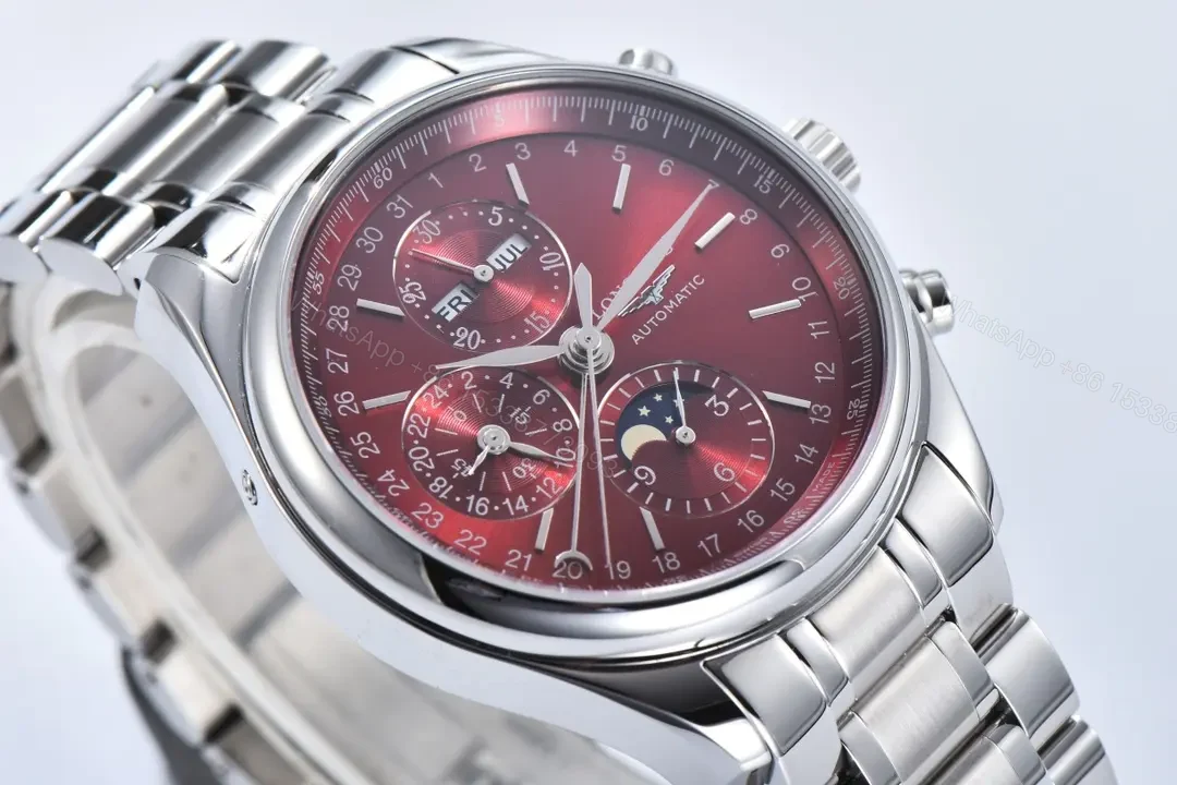 View 4 of Longines Master Collection Moonphase Chronograph Watch Red Dial Stainless Steel Bracelet 42mm Case