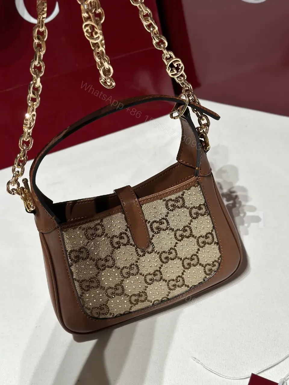 View 7 of Beige GG Supreme Satchel: Mini Structured Elegance, Gold Hardware
