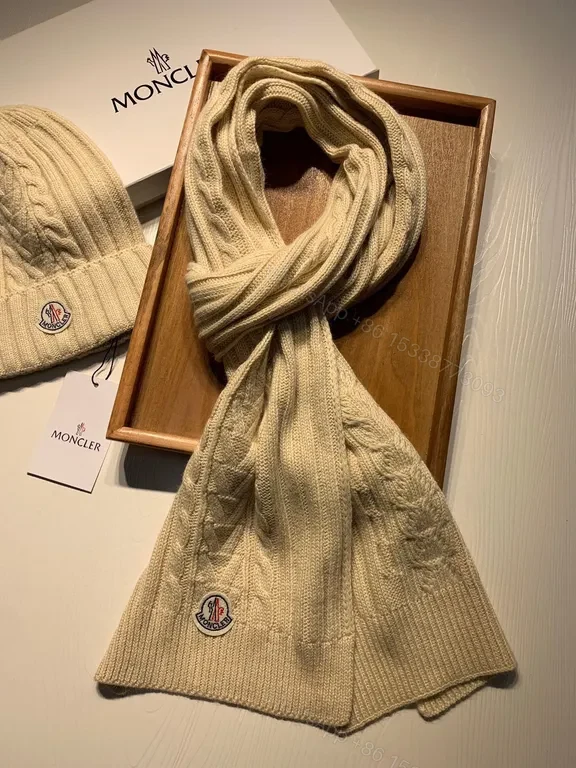 View 9 of Beige Ribbed Knit Beanie & Scarf Set â€“ Moncler Luxury Winter Accessory