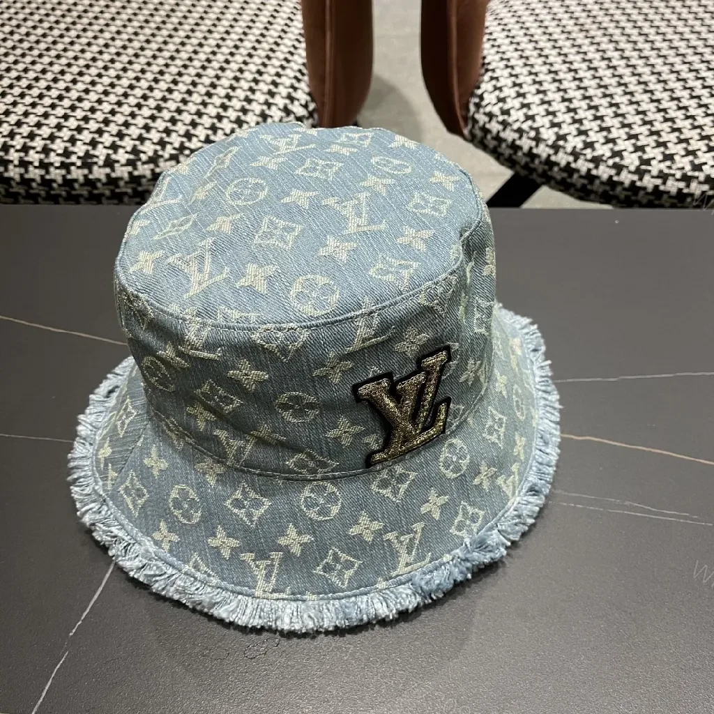 View 10 of Denim-Print Bucket Hat with LV Accent, Luxe Casual Accessory