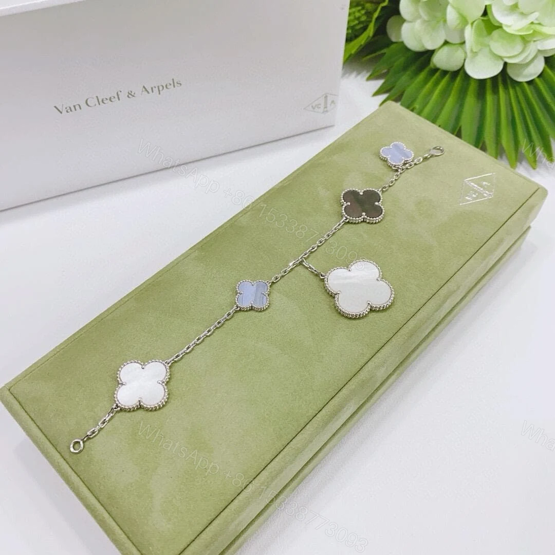 Van Cleef & Arpels 18K White Gold Magic Alhambra Bracelet 5 Motifs Chalcedony Mother Of Pearl VCARL62400 — view 1