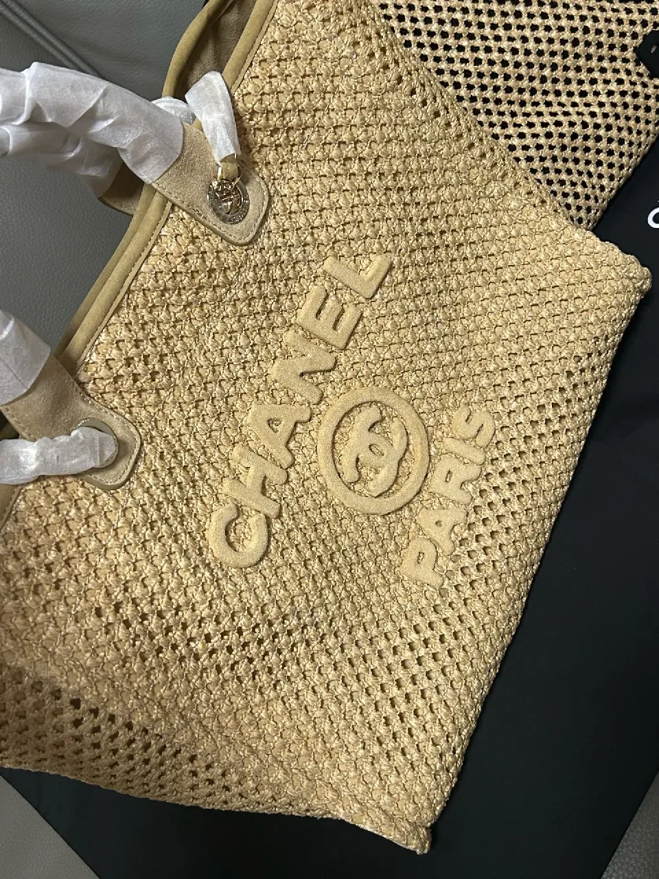 View 5 of Natural Straw Tote in Beige with Leather Trim, CHANEL-Embossed, Open-Top Tote