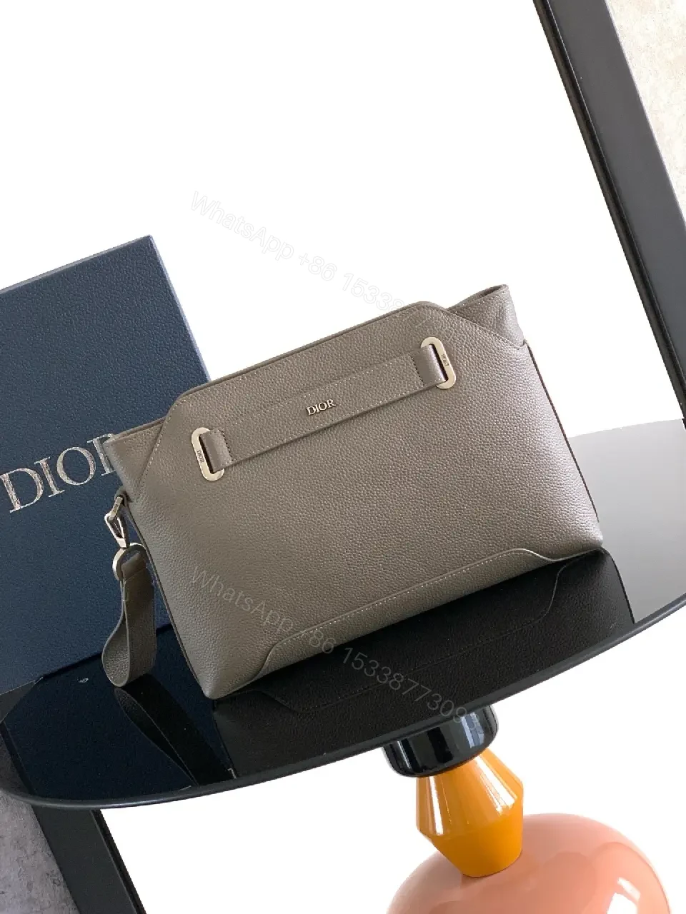 Grey Leather Matte Dior Clutch with Top Handle and Wrist Strap — view 1