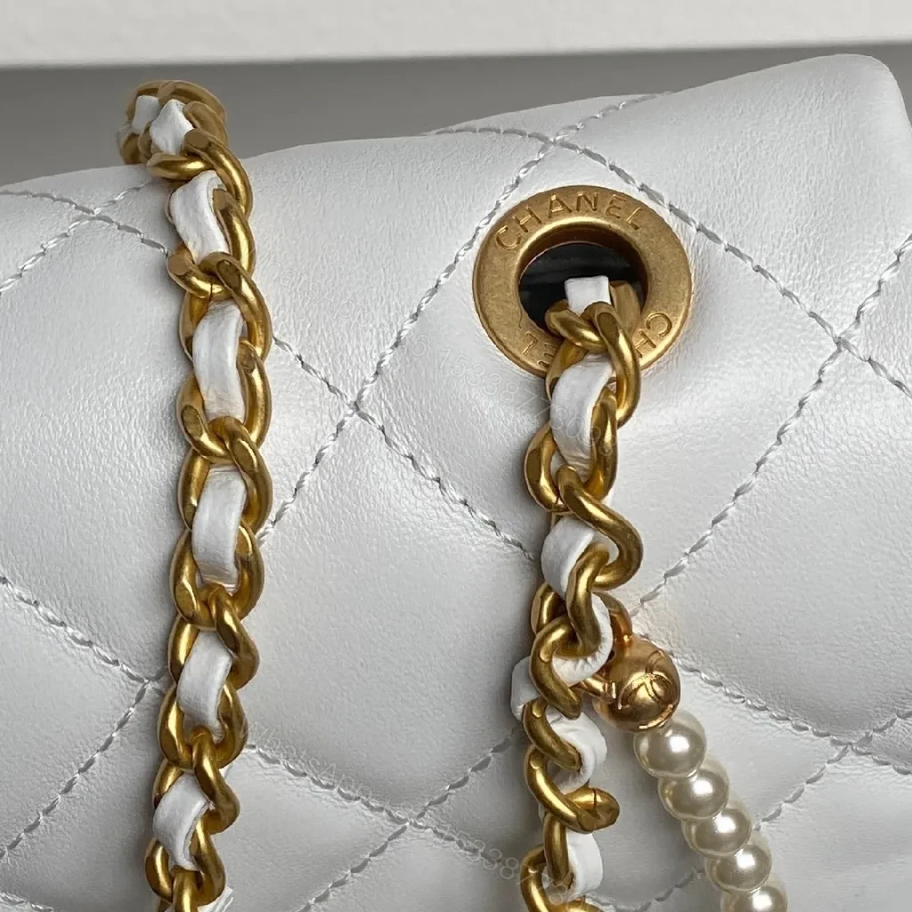 View 8 of White Quilted Mini Bag, Gold Chain, Everyday Luxury Bag