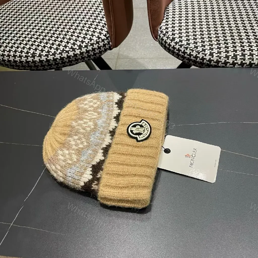 View 6 of Chunky Knit Beanie – Textured Camel Knit, Moncler-Inspired Patch, Luxury Warmth