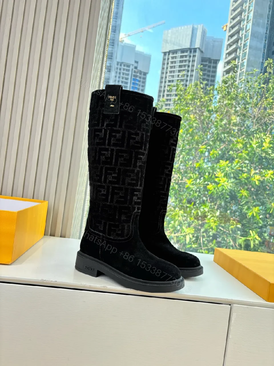 View 6 of Black Suede-Like Knee Boots with Signature Pattern Calf-Height Glam