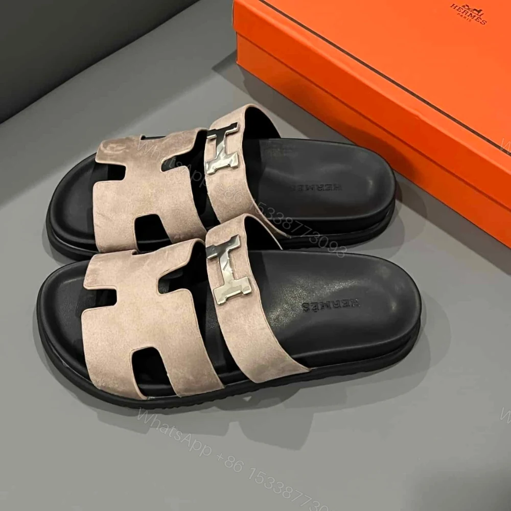 View 2 of Hermes Chypre Sandal Suede H Logo Silver Hardware Light Brown
