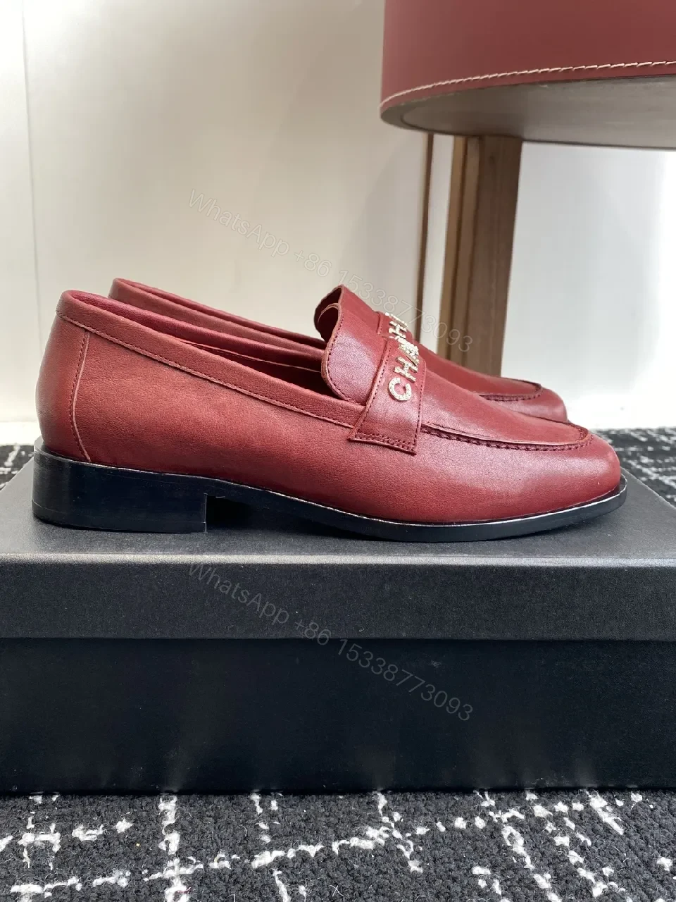 View 3 of Elegant Red Leather Mule with Signature Band, Loafer Style