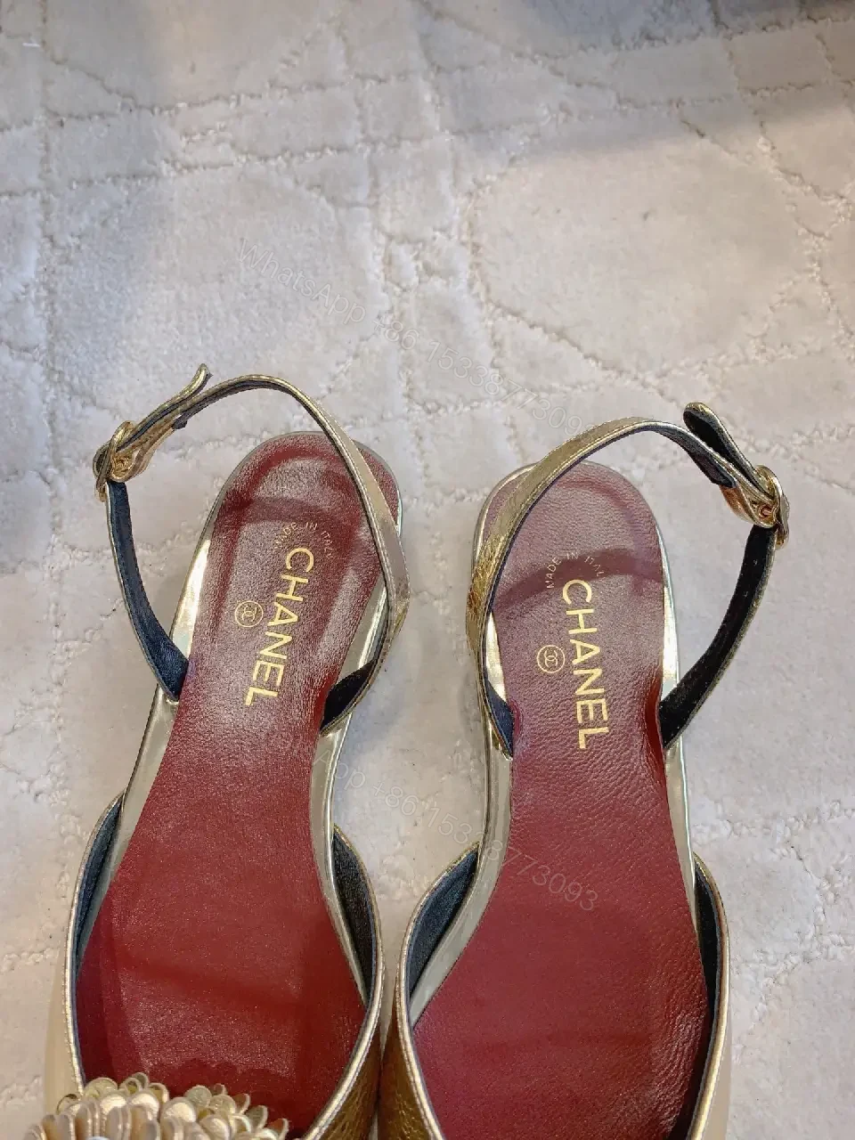 View 8 of Metallic Gold Floral Slingbacks – Open-Back Heel, Lux Comfort