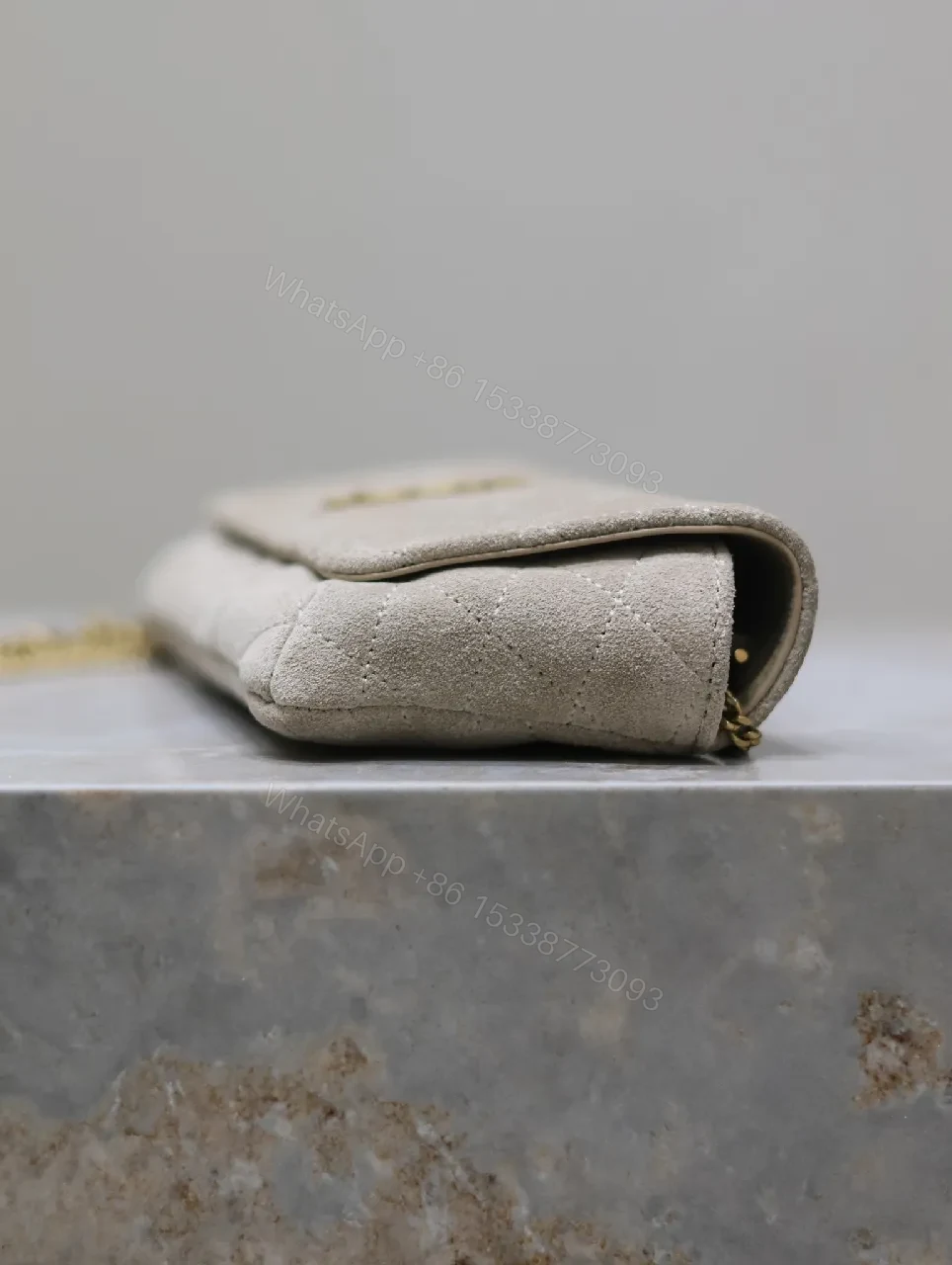 View 7 of Quilted Suede Clutch with Gold Logo Hardware - Classic Chic Clutch