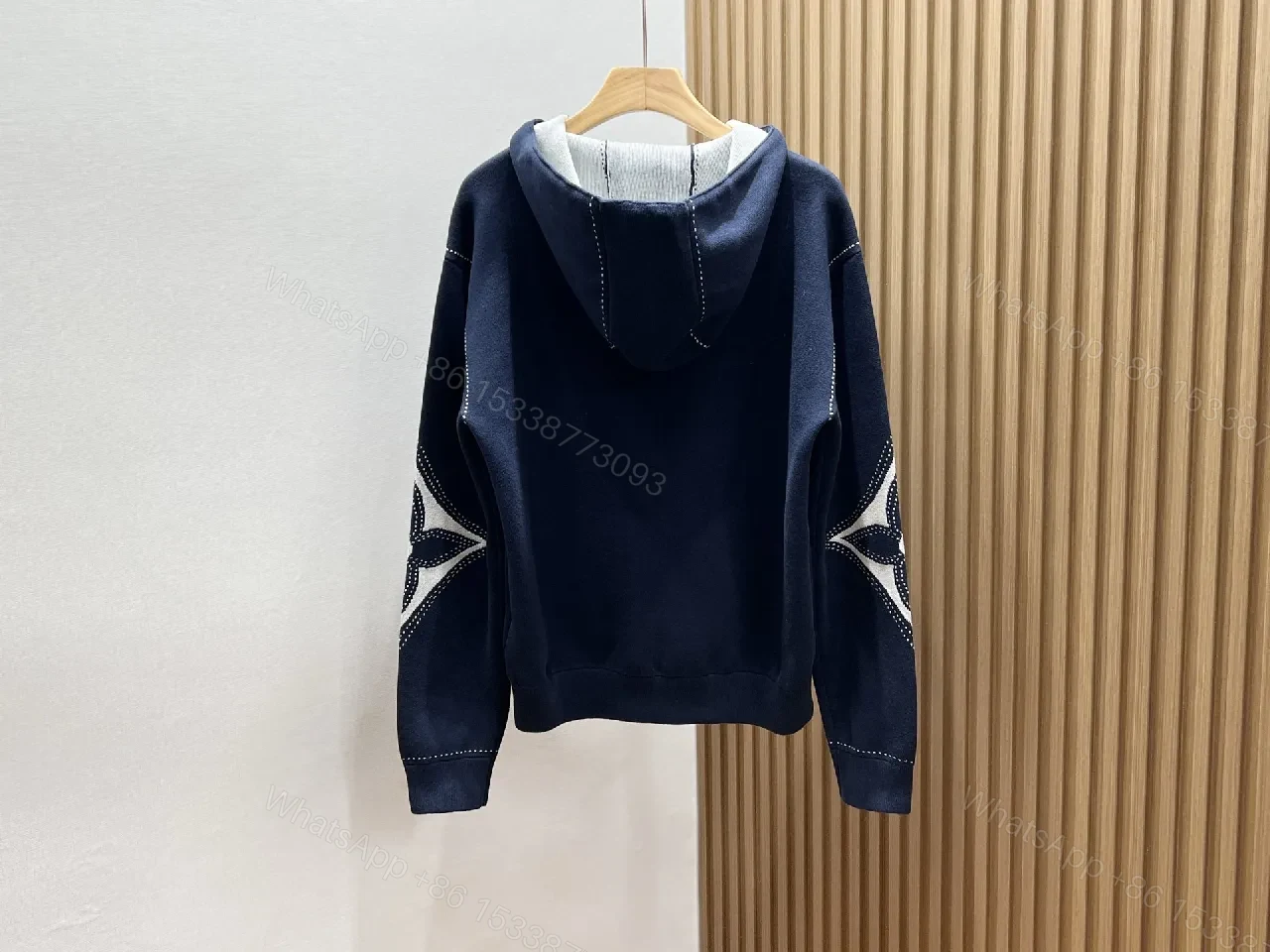 View 4 of Navy Denim Hoodie Jacket with LV Embroidery – Modern Luxe Outerwear