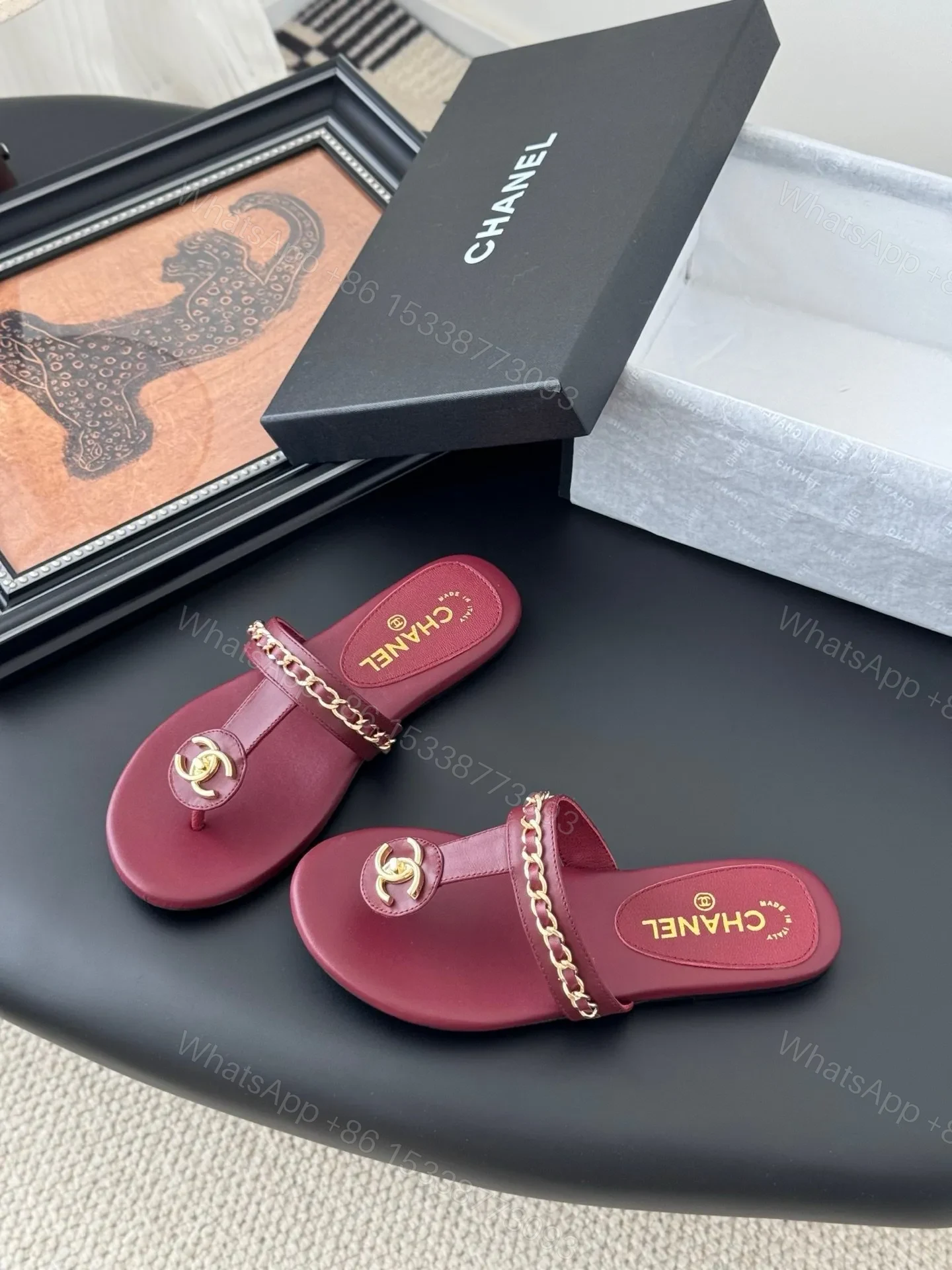 View 6 of Chanel Women Burgundy Leather Chain Detail Slides