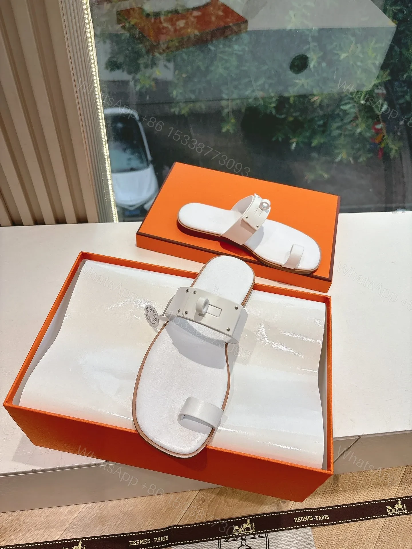 View 4 of Hermes Women White Leather Flat Sandals