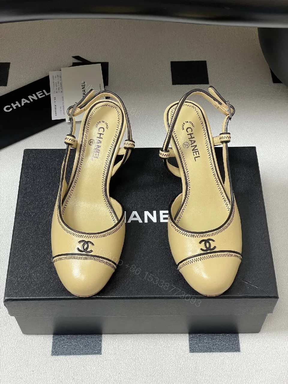 View 8 of Neutral Slingback Heels in Leather with Zigzag Stitching