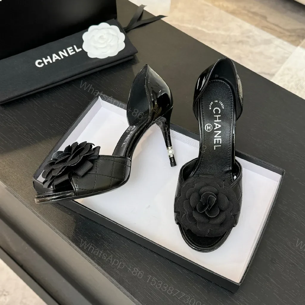 View 6 of Black Satin Floral Overlay Sandals – Luxe Stiletto, Open-Toe, Memory-Foam Comfort