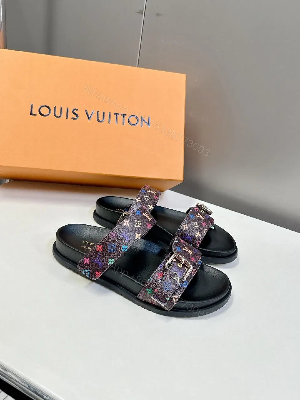 View 8 of Multicolor Monogram Slides with Velcro Straps