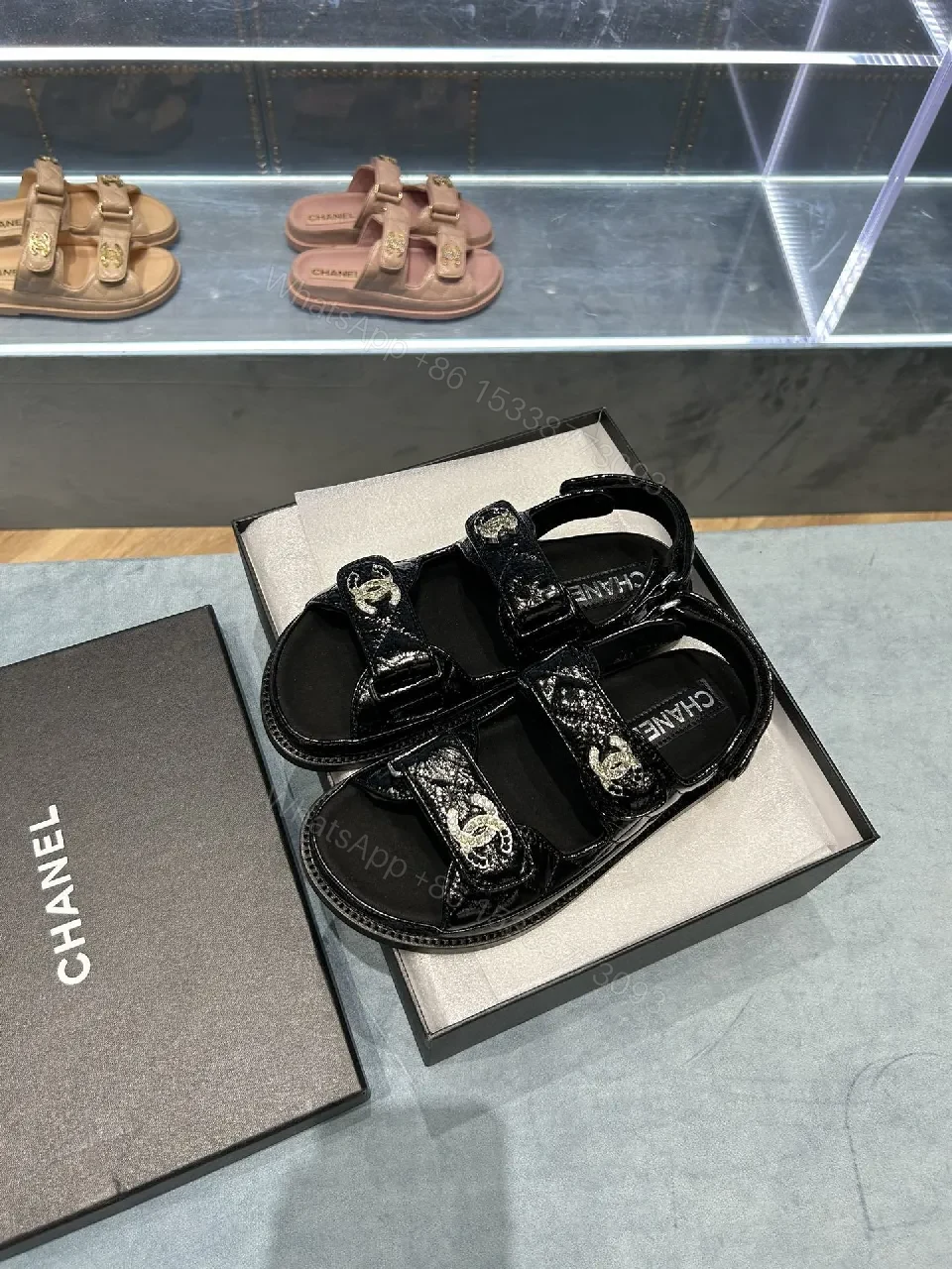 View 2 of Black Patent Sandals with Logo Straps – Luxe Everyday Comfort