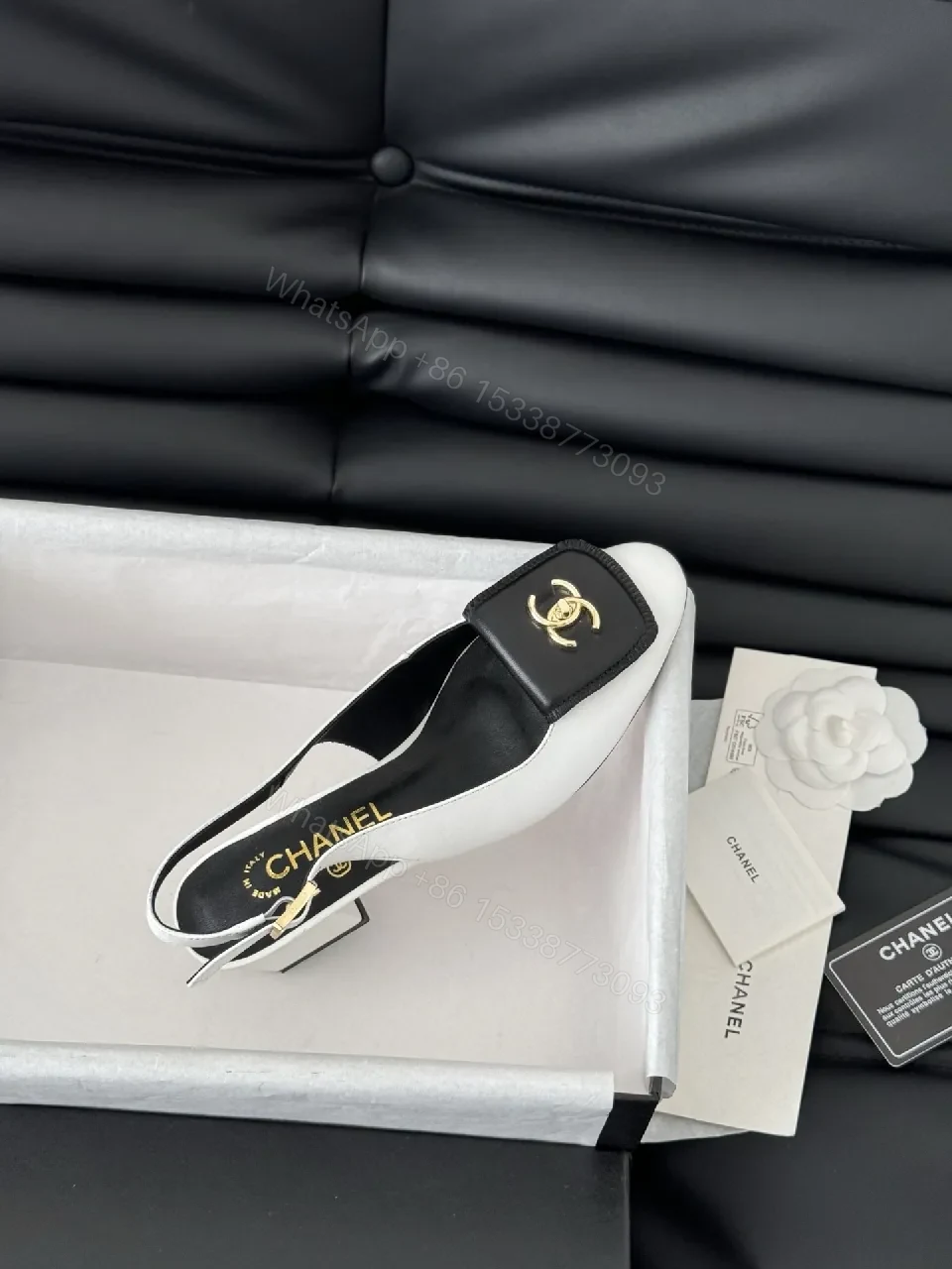 View 5 of Black & White Leather Slingback Pumps, Gold Accent, Square-Toe, Comfort Mid-Heel